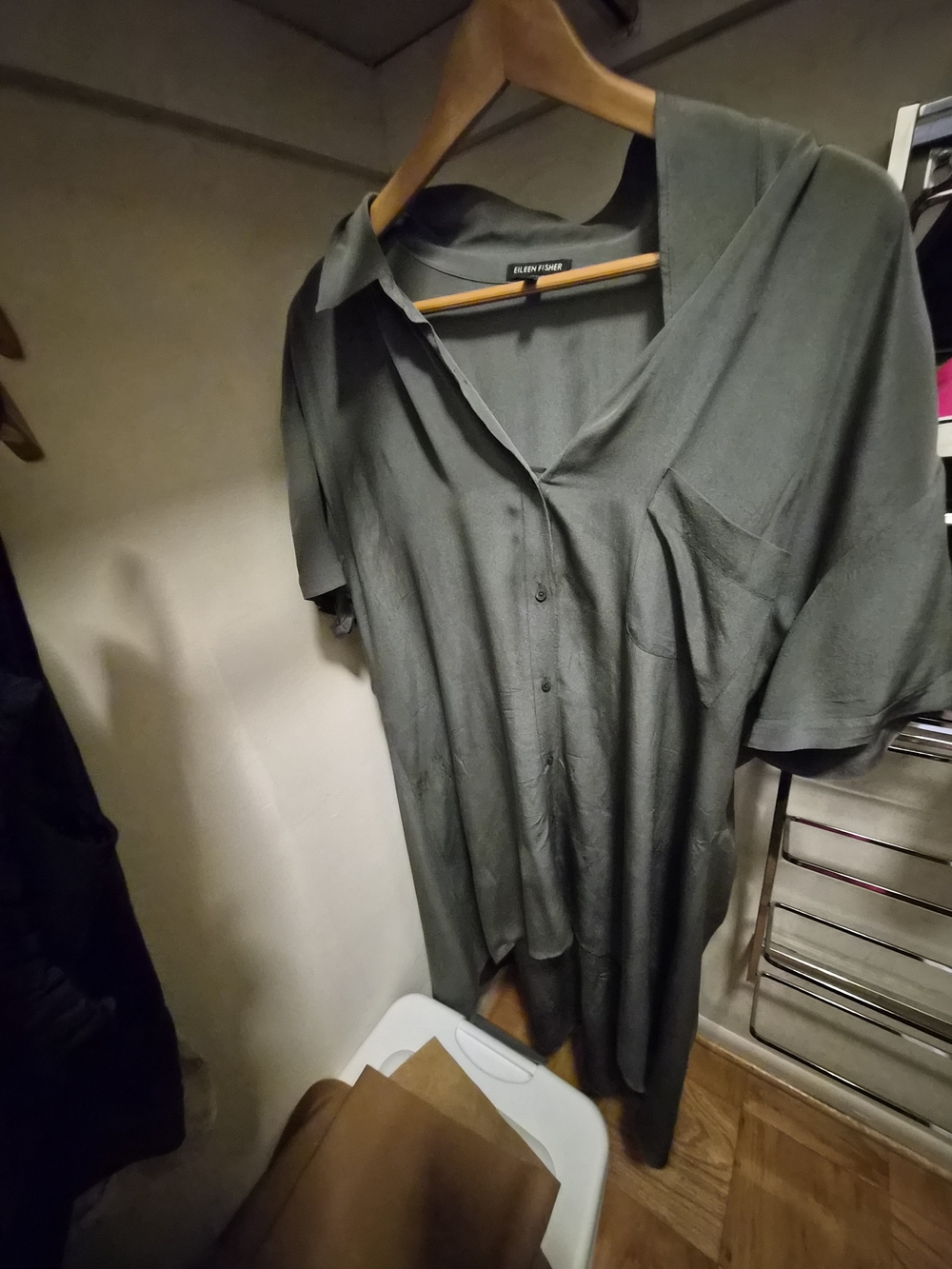 EILEEN FISHER Silk High-Low Shirt Dress Short Sleeve Grey Olive Large